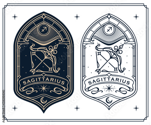 sagittarius zodiac sign astrology cards set , horoscope, tarot, fortune teller. Vintage mystical illustration outline hand drawing, magical esoteric horoscope templates for wall print poster