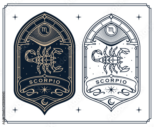 scorpio zodiac sign astrology cards set , horoscope, tarot, fortune teller. Vintage mystical illustration outline hand drawing, magical esoteric horoscope templates for wall print poster