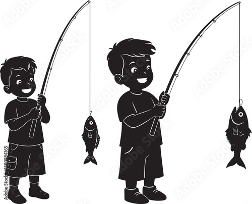 Two happy boys holding fishing rods with caught fish silhouette