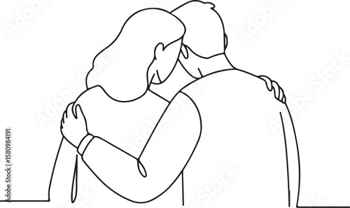 A vector illustration of two people from behind embracing each other offering comfort and support in continuous line art.
