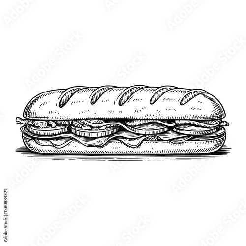 Hand drawn sketch of a long sandwich with meat and vegetables