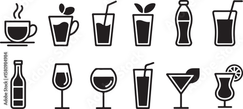 Beverages Icon Set – Refreshing Drink Symbols Including Coffee, Juice, Soda, and More