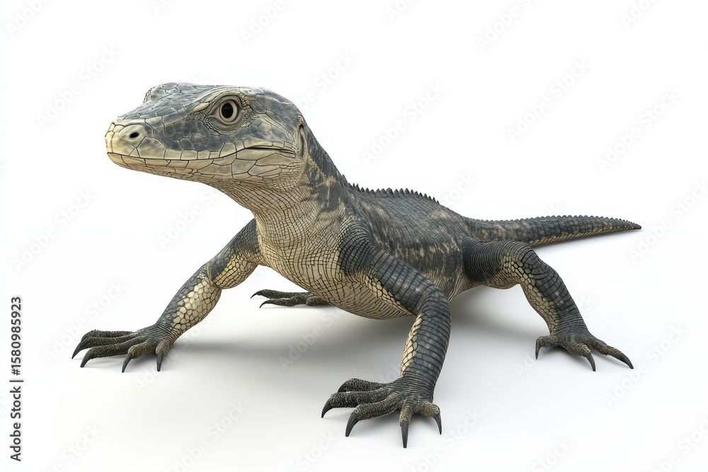 Naklejka premium Monitor lizard chasing prey 3d cartoon character on white background