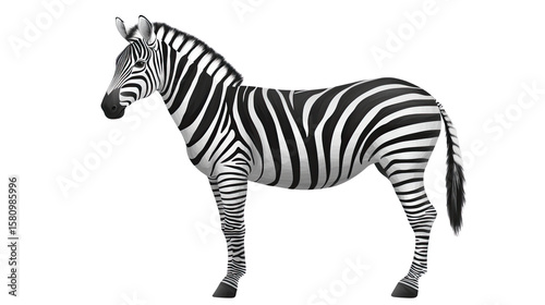 Lone zebra stands proudly showcasing its vivid black and white stripes with alert posture and natural elegance isolated on white background