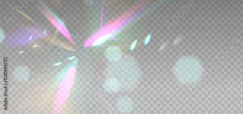Rainbow reflection light prism effect with blue blur sparks on light background. Hologram glass dispersion, crystal flare leak shadow overlay. Vector transparent illustration