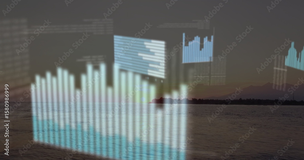Naklejka premium Displaying translucent bar chart overlay hovering above lake at dusk, with data panels, grid lines