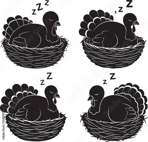 Four sleeping turkeys in nests with zzz symbols silhouette