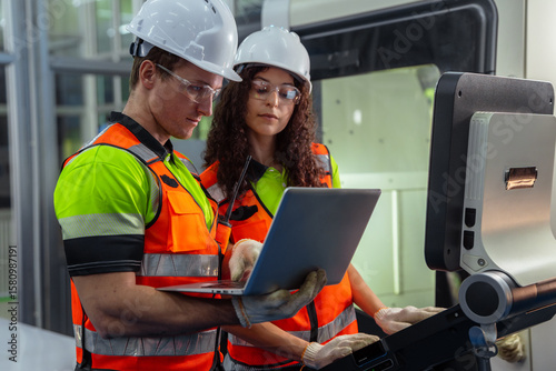 Two people wearing orange vests and hard hats are looking at a laptop. Team of engineers programming and operating a CNC machine in a smart factory.