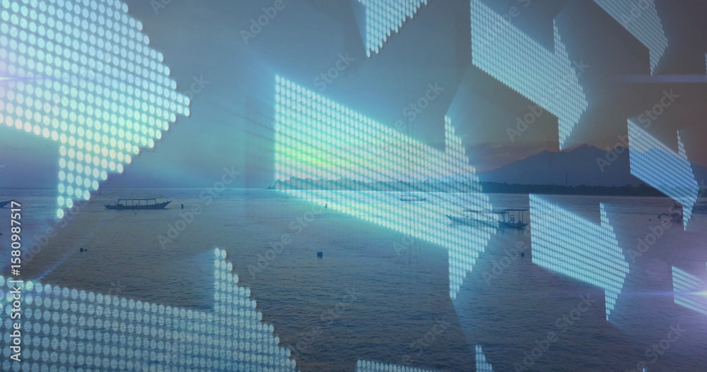 Obraz premium Pointing LED-style arrows floating over sea at dusk, highlighting small boat left and craft right