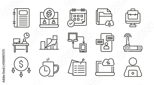 Remote working linear icon set. Work from home, hybrid work, flexible working, meeting, work online, home office,freelance, digital nomad, office, work at home vector icon set. UI thin line icon pack.