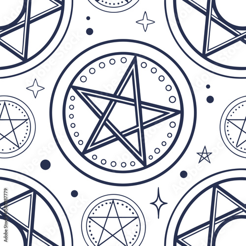 Seamless pattern featuring pentagrams within circles and scattered stars on a white background design style