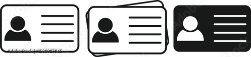 Identification Card Icon Set – Minimalist Silhouettes of Single and Stacked ID Cards with Profile and Text Elements on White Background