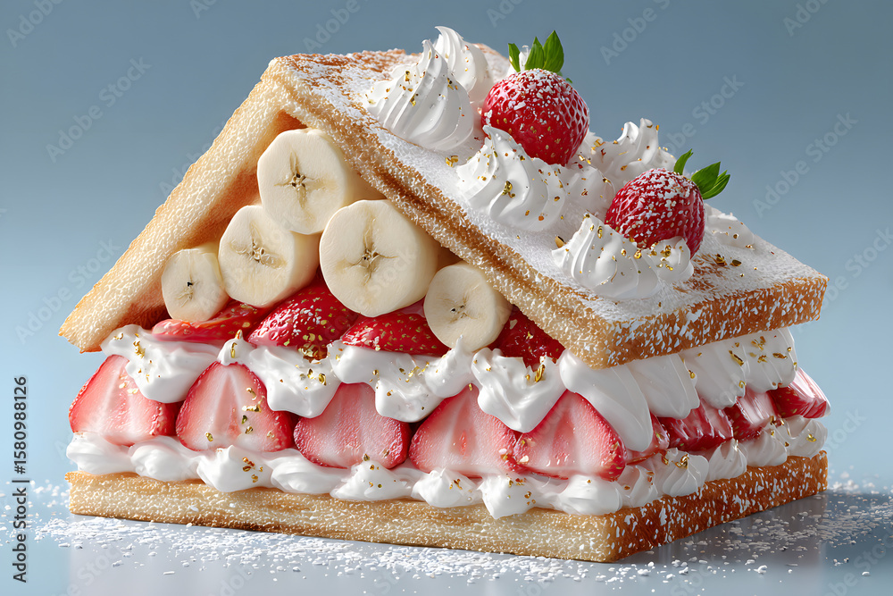 Obraz premium Fancy Strawberry Banana Sandwich Cake in House Shape with Whipped Cream and Gold Flakes. Creative Dessert Food Art. A fun and luxurious food art concept 
