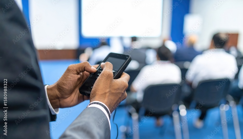 Businessman Using Smartphone During Conference Presentation Businessman Using Smartphone During Conference Presentation