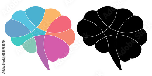 Human brain icon set, colored and black vector illustration with colored parts
