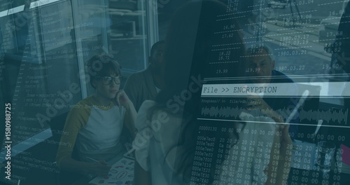 Discussing data security, team collaborating in glass office with laptop, charts and code overlay