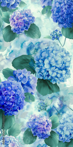 Wallpaper Mural 上品くすみブルーの紫陽花ボタニカル背景、大人パステルの紫陽花とローズのエレガント装飾 Torontodigital.ca