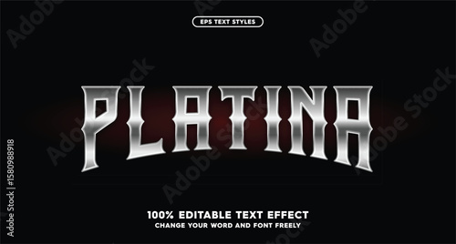 Platina: a sleek silver metallic text effect with futuristic polish. Ideal for high-tech logos, space-age branding, and modern digital headlines. Clean and striking in vector format.