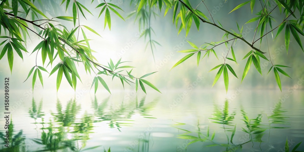 Naklejka premium Serene Bamboo Branches Reflecting in Still Water, a Tranquil Scene of Nature's Peaceful Beauty