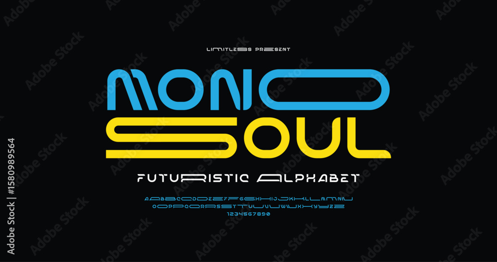 Fototapeta premium Mono Soul: a rounded, futuristic font with a youthful pop feel. Designed for Gen Z branding, neon logos, and digital fashion. Includes A to Z letters and numbers in vibrant vector style.