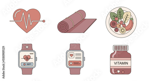 Healthy lifestyle icons: heart, yoga mat, healthy food, smartwatch, vitamins.