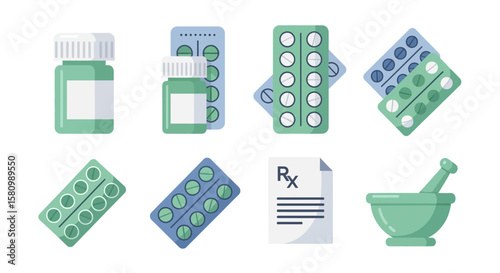 A collection of flat-style vector illustrations depicting medicine, including pill bottles, blister packs of pills, a prescription, and a mortar and pestle.