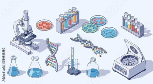 Isometric illustration of scientific laboratory equipment, including microscope, test tubes, petri dishes, DNA strands, and centrifuge.