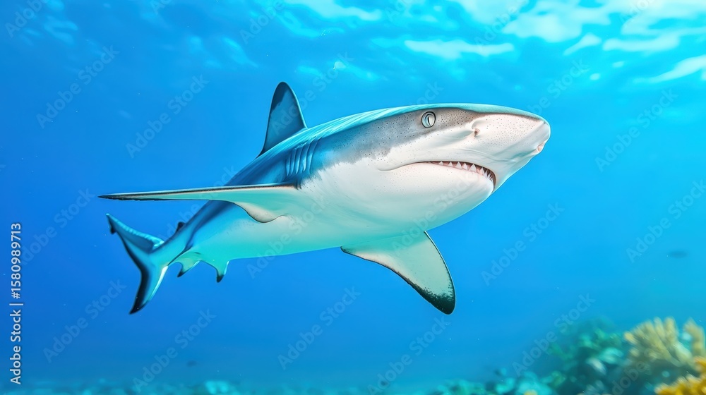 Fototapeta premium Majestic shark swimming gracefully in clear blue ocean waters showcasing vibrant marine life and underwater beauty in coral reefs