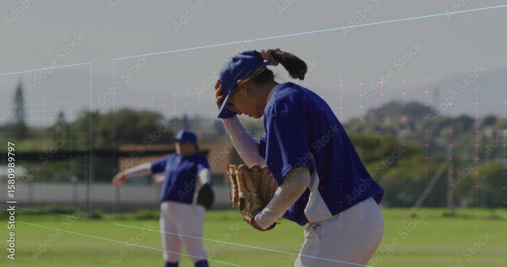 Obraz premium Adjusting cap, woman baseball player in blue uniform standing on field, with glove, copy space