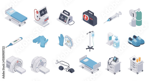 Isometric illustrations of various medical equipment and supplies, including beds, monitors, and first aid kits.