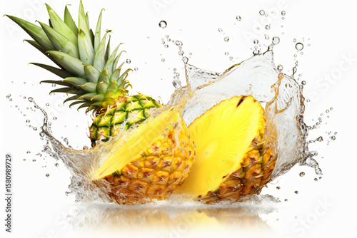 sliced fresh pineapple with water splash on white, tropical exotic fruit