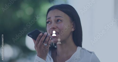 Foto Holding smartphone near mouth, adult woman in white blouse looking concerned on