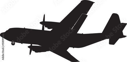 Evacuation Aircraft A military plane flying low, set for a personnel or casualty evacuation. Full-length silhouette in black vector art.