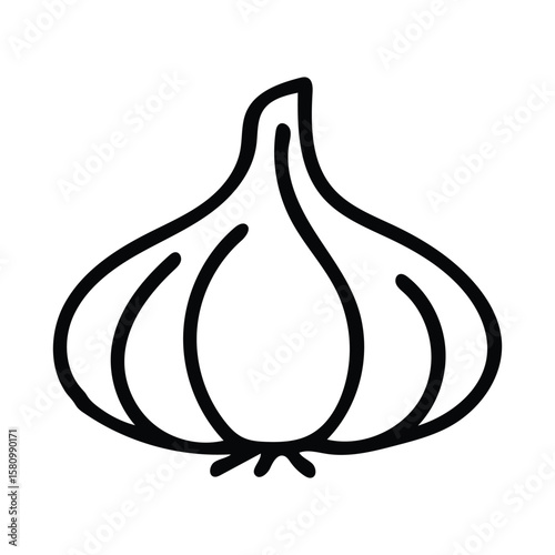 Single garlic clove is drawn in thick black outlines on a white background