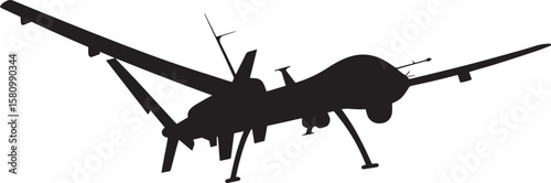 Drone in Flight A military drone soaring high, with wings extended. full length silhouette black vector illustration
