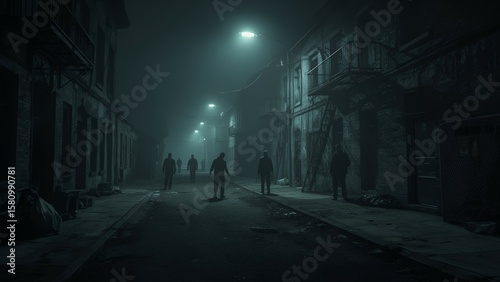 Foggy alley with zombie shadows at night