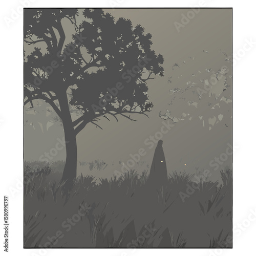 Silhouette of a cloaked figure standing in a field near a tree in a misty landscape, creating a somber scene