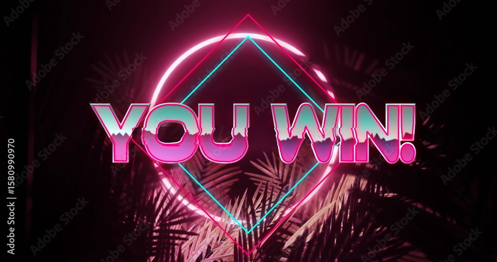 Fototapeta premium Displaying neon sign YOU WIN! glowing in neon-lit display, with geometric shapes and palm leaves