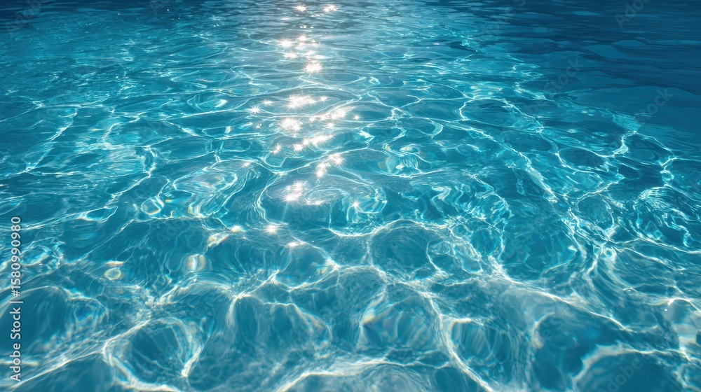 Obraz premium Vibrant photo of macro top view of a blue pool surface with clear light blue water showing one natural, shallow ripple, detailed gentle wave patterns and soft reflections.