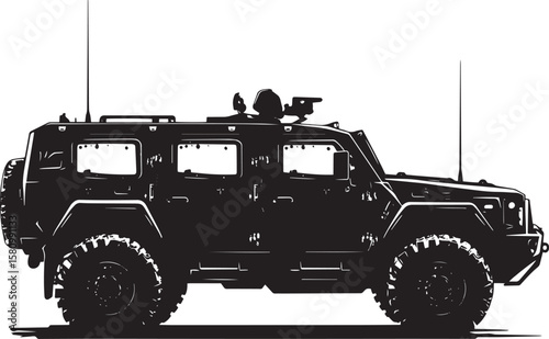 Shielded Combat Vehicle A full-length black vector of an armored truck in defense mode.