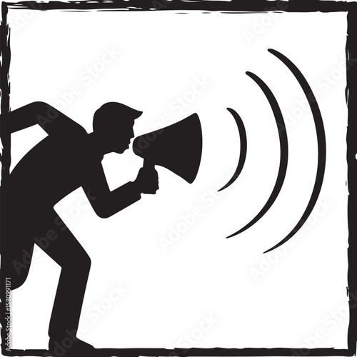 Megaphone Announcement Silhouette – Person Speaking with Sound Waves and Rough Frame Border