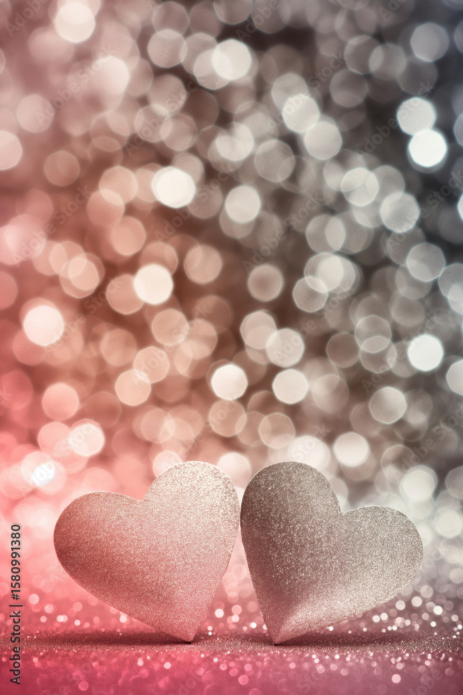 Fototapeta premium Two glitter hearts in pink and grey tones with warm bokeh lights. Romantic and cozy background for Valentine's day.