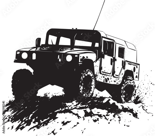 Humvee Driving A Humvee speeding over rough terrain. full length silhouette black vector illustration