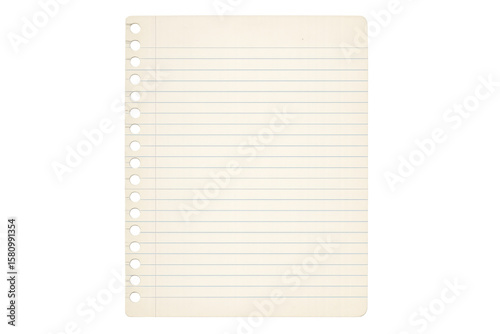 Spiral-bound notebook page with perforated margin, white paper surface against transparency, suitable for design mockups