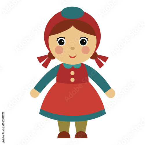 A charming flat illustration of a young girl wearing a red dress and bonnet perfect for children s books educational materials or decorative elements with