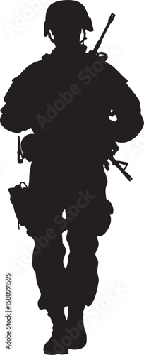 Tactical Advance A black silhouette vector of a soldier moving forward, weapon raised.