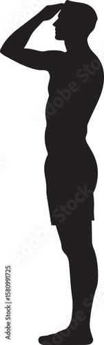 Saluting A soldier raising their hand to their forehead in a salute, with a firm, upright posture. full length silhouette black vector illustration