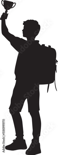 Carrying a Prize A student holding up a trophy or certificate, with their schoolbag on their back or hanging by their side. full length silhouette black vector illustration