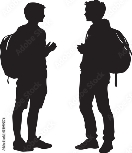 Socializing A student chatting with friends, holding their schoolbag casually or resting it next to them while they talk. full length silhouette black vector illustration