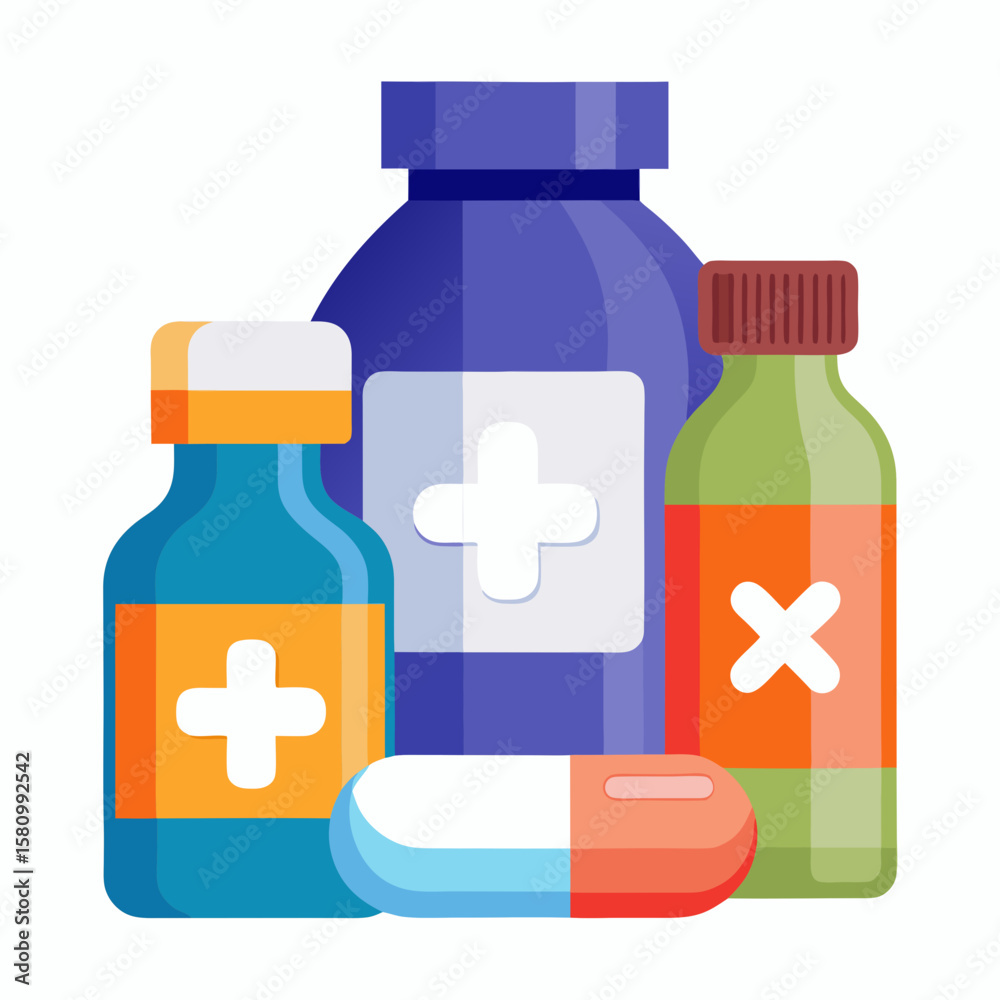 Obraz premium Colorful Pharmaceutical Illustration Assorted Medicine Bottles and Capsule Representing Healthcare Treatment and Medical Supplies in a Flat Cartoon Style on a Clean White Background vector